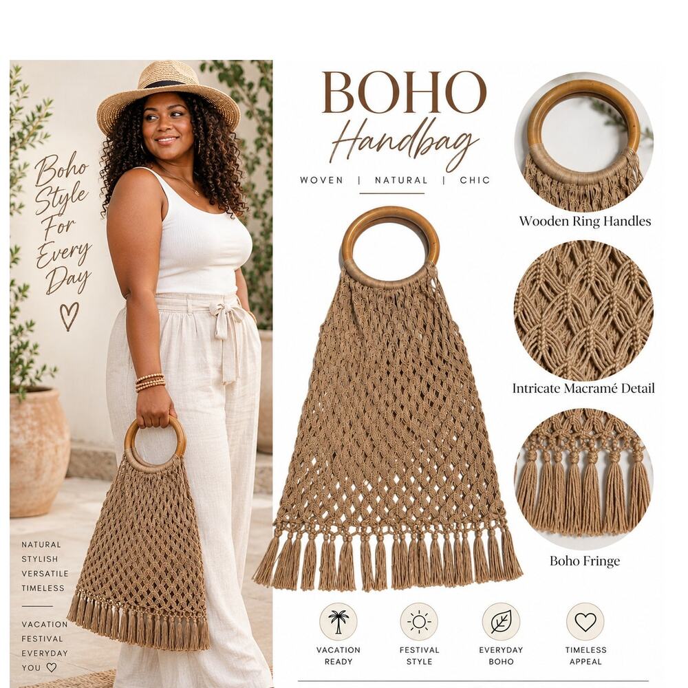 Vintage Boho Macramé Handbag with Wooden Ring Handles – Handmade Knit Tote